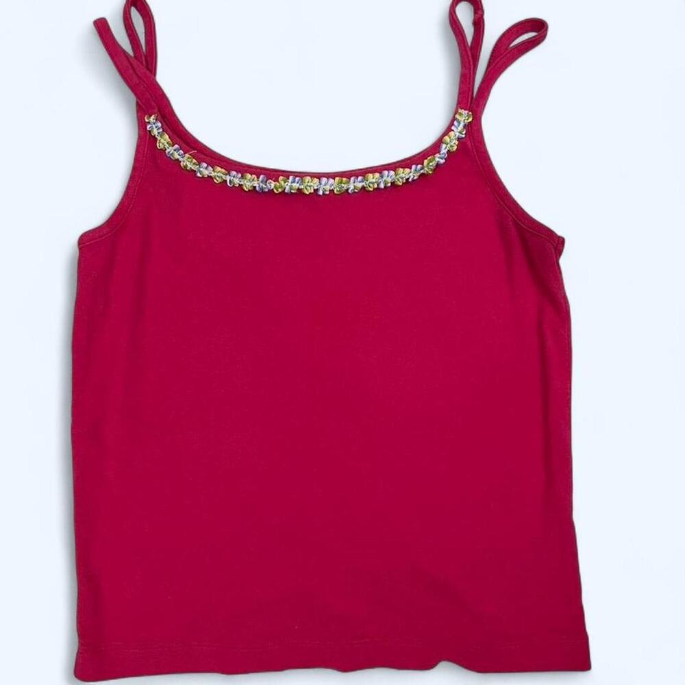 100% Cotton The Limited Hot Pink Tank Top With Floral Pattern on Neckline Medium